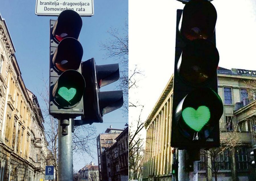 Green Traffic Lights Replaced with Hearts on Main Zagreb Road