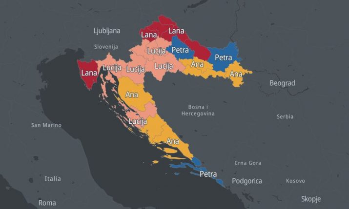 Map of Croatia showing most popular names over generations