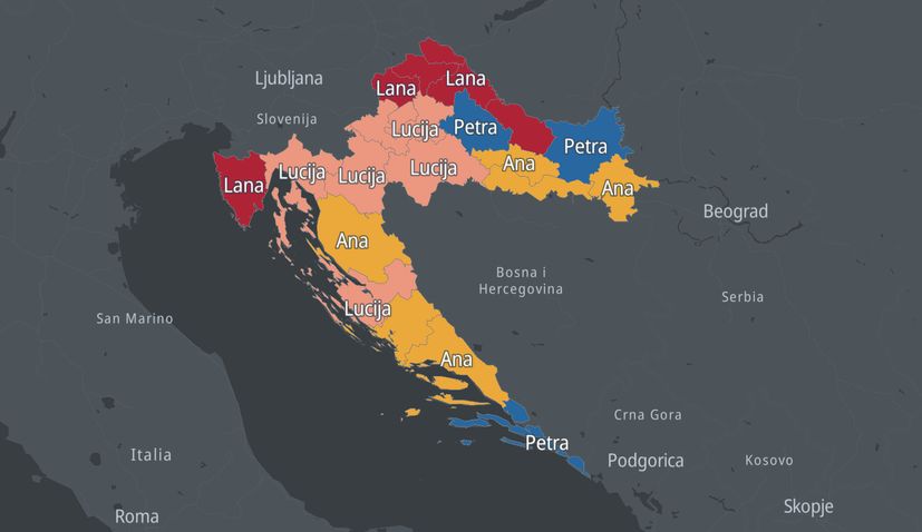 Map of Croatia shows most popular names over generations