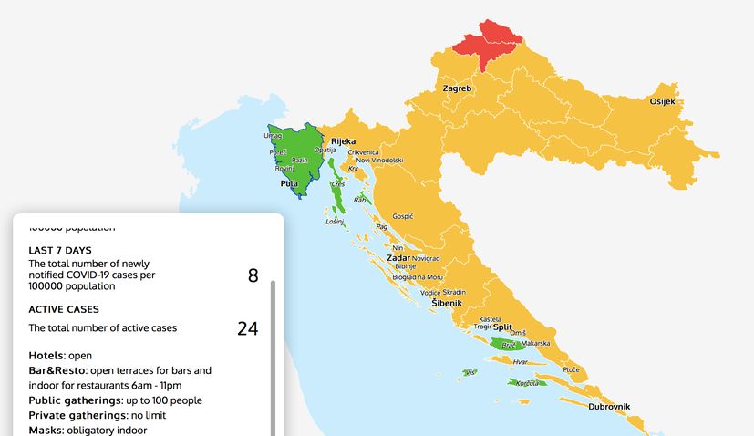 Croatia COVID-19 Map: Check the epidemiological situation, measures, green zones