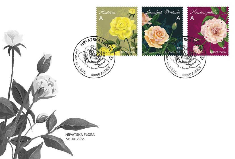 Native Croatian Roses: Bistrica, Kristov jubilej and Slavoljub Penkala grace new commemorative stamp series  "Croatian Flora"
