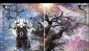 The Tree of the World - an old Croatian myth about the structure of the universe - on Europe stamp series