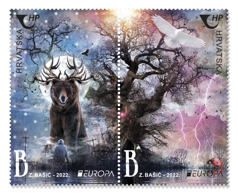 L'arbre du monde - un vieux mythe croate sur la structure de l'univers - sur la série de timbres Europe
