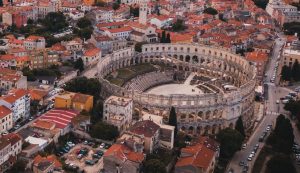 Aerial view of the Roman amphitheater, the city of Pula in Istria, Croatia