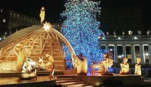 The illuminated nativity scene during the Pope Francis mass on Christmas Eve