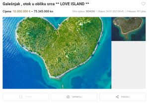Part of Croatia’s heart-shaped island for sale for €10 million