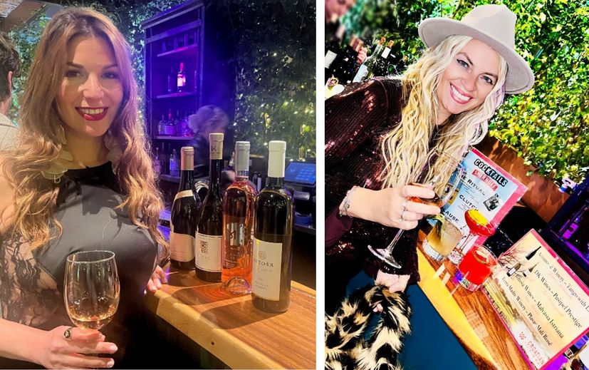 Ella Mische, actor, writer, producer, and Dr.T, founder of Dr. T Antiaging integrative medicine, both Croatian born, are proudly sipping Croatian wine at the pre-Oscar party.