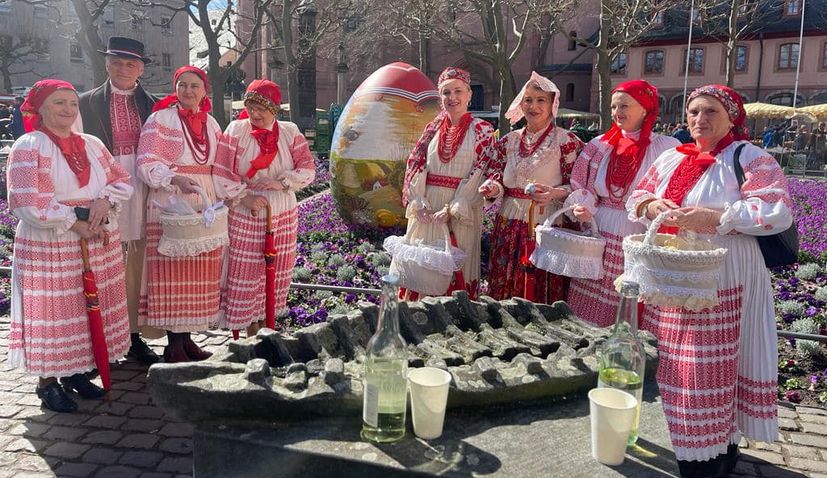 Giant Easter eggs in distinctive Croatian naive style on display in center of Mainz